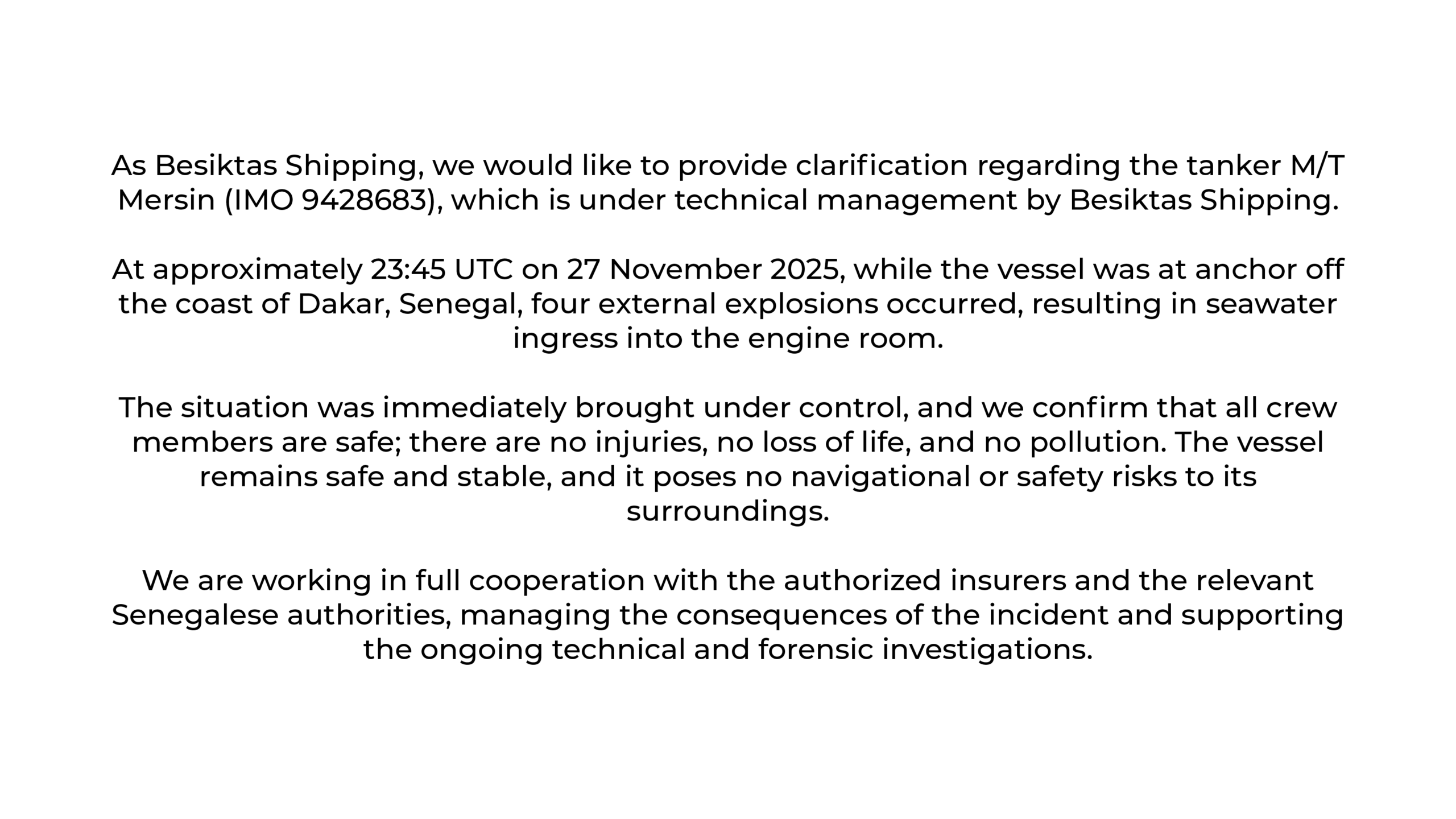 Besiktas Shipping | Statement About M/T Mersin